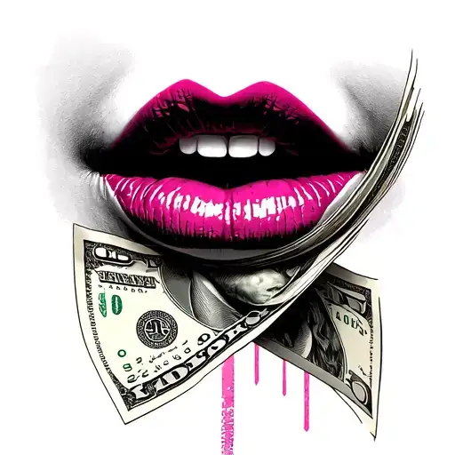 pink lips with money tattoo design idea