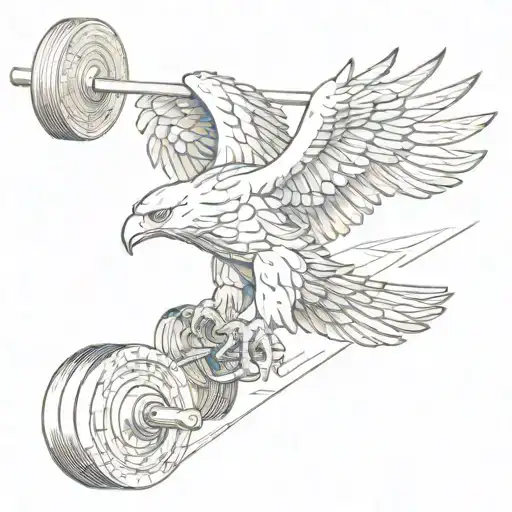 A sketch of an eagle soaring above a gym with a weightlifting barbell in its talons, symbolizing ambition and determination tattoo design idea