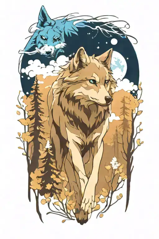 wolf blue eyes forest landscape tattoo design idea