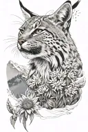 close-up of a lynx's face, an edelweiss flower just below, and snow-capped mountains in the background tattoo design idea