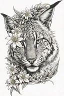 close-up of a lynx's face, an edelweiss flower just below, and snow-capped mountains in the background tattoo design idea