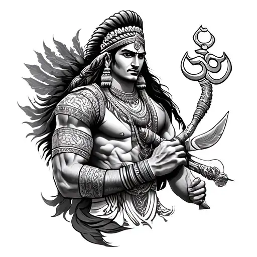 Forearm tattoo in tribal style with Indian warrior and Brahmin elements — include Om, Trishul, Rudraksha, Sanskrit patte tattoo design idea