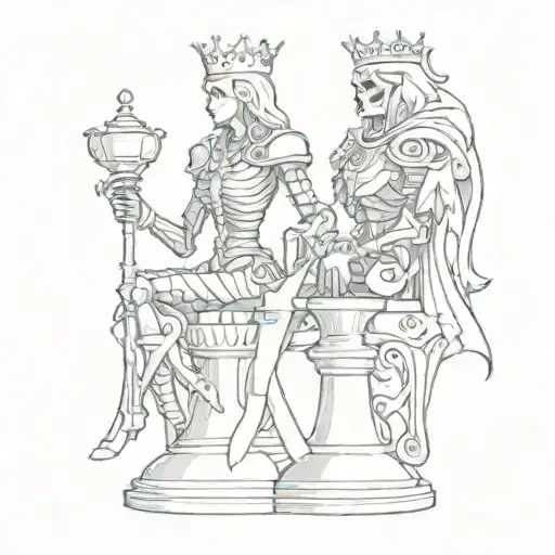 queen and knight chess piece morphing half skeleton tattoo design idea