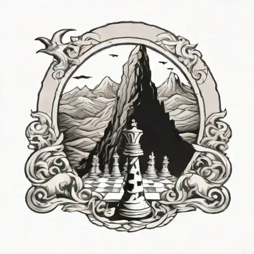 Make me a black and white tattoo of a mountain landscape inside the outline of a rook chess piece tattoo design idea