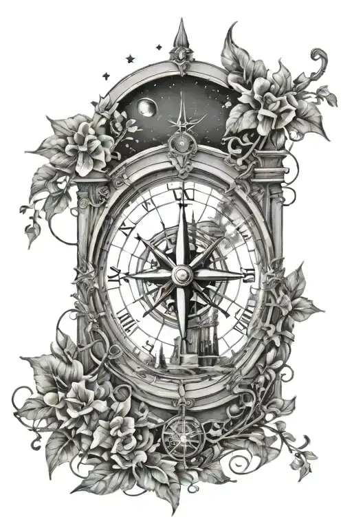 arch monument with wrapping vine, compass, and space constellation.  tattoo design idea