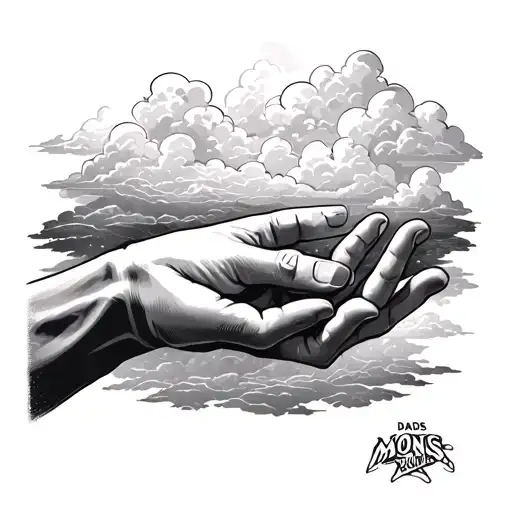 Dads hand and baby hand coming from clouds to pull mons hand on land tattoo design idea