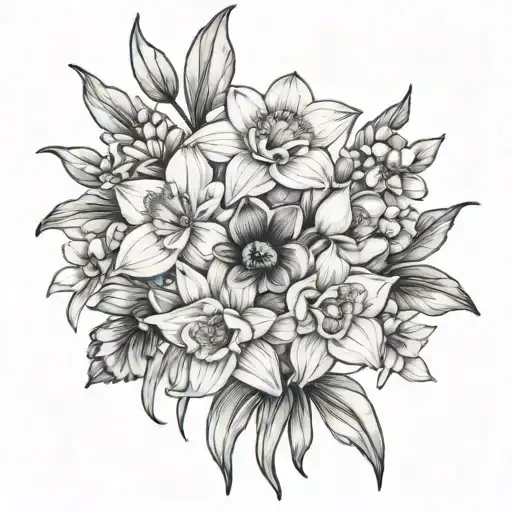 bouquet of daffodils, pansy's and water lily with stems tattoo design idea