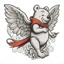 Winnie the Pooh standing with angel wings holding a red cardinal  tattoo design idea