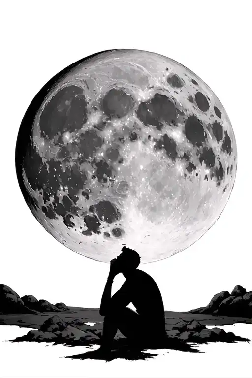 dark figure silhouette sitting in front of huge realistic detailed moon resting his chin on his fist looking up at it tattoo design idea
