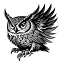 Here’s a vivid chest tattoo concept:The left side showcases an owl with piercing, narrowed eyes and flared feathers, a tattoo design idea