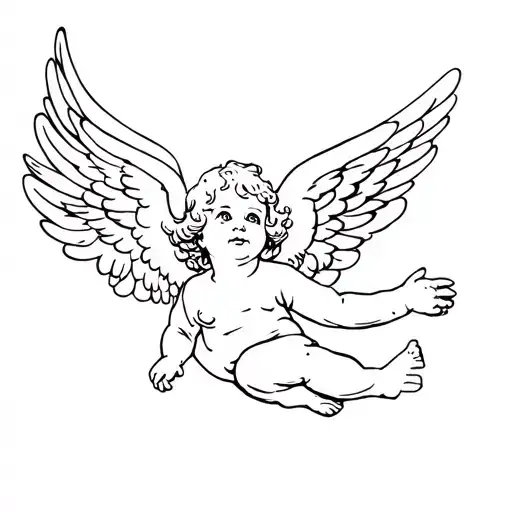 flying baby cherub angel with wings watching tattoo design idea