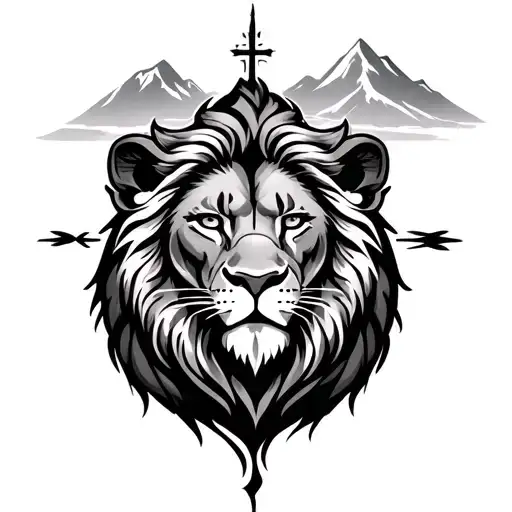 mountains, cross, river, lion face tattoo design idea