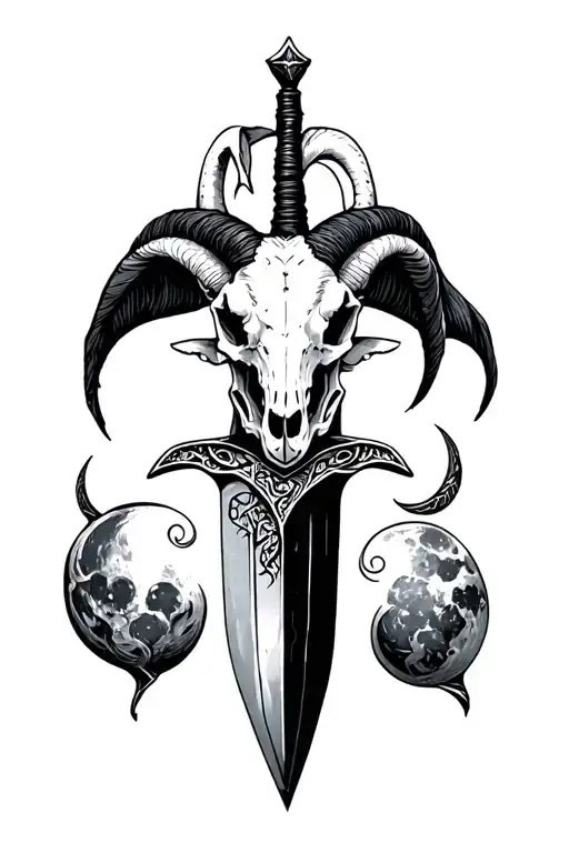 Dagger with goat skull and fully black lunar moons on the hilt tattoo design idea