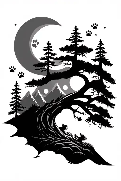 tree of life, forest, mountains, moon phases, paw prints, frog tattoo design idea