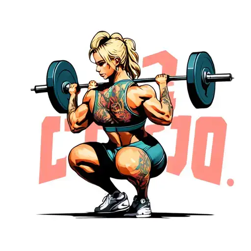 female bodybuilder with blonde hair performing a squat with a barbell on her back tattoo design idea