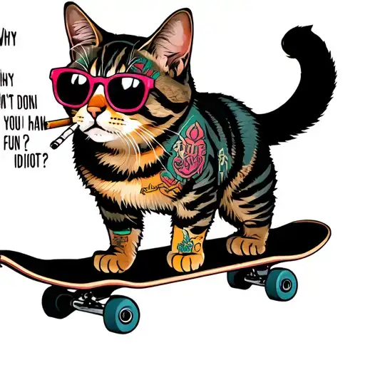 "why don't you have fun, idiot?" cat on a skateboard smoking a cigarette with sun glasses with tattoos tattoo design idea