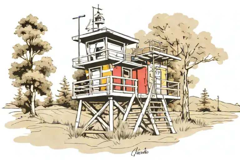  Los Angeles lifeguard tower nestled in Aspen trees tattoo design idea