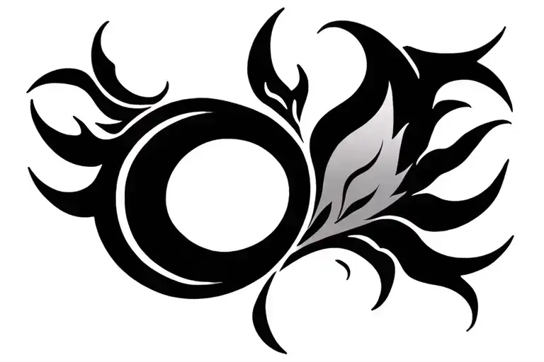 Minimalist tattoo design: small twin flame symbol combined with a semi-circle that subtly suggests strength and duality, tattoo design idea