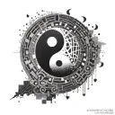 An intricate yin and yang symbol made of programming code and music notes tattoo design idea