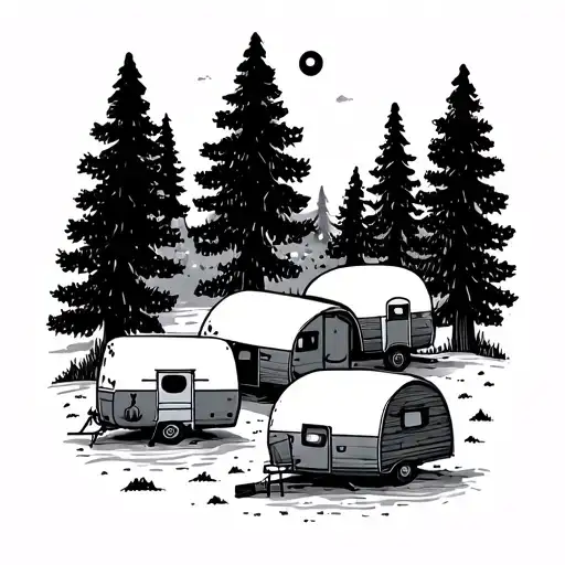A fine line, minimalist black ink tattoo design showing a cozy campsite. Three small caravans are arranged in a tight ho tattoo design idea