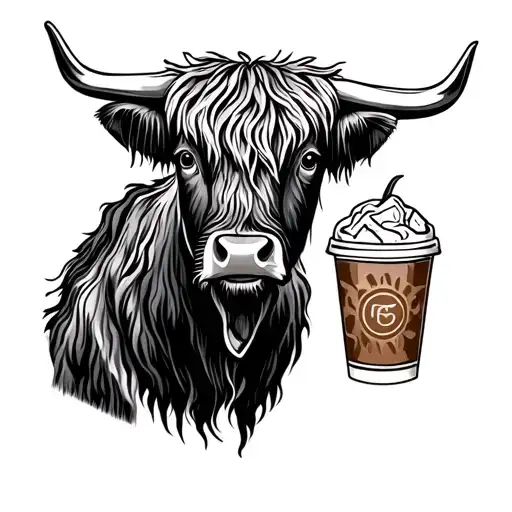 highland cow with ice coffee cup tattoo design idea