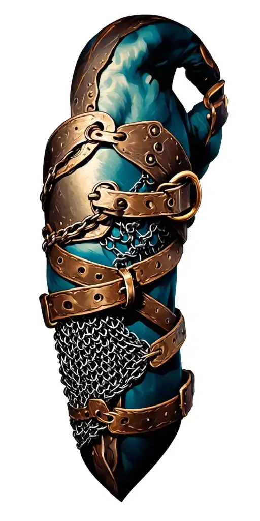 Segmented metal plate design incorporating link chainmail,buckles, and plates tattoo design idea