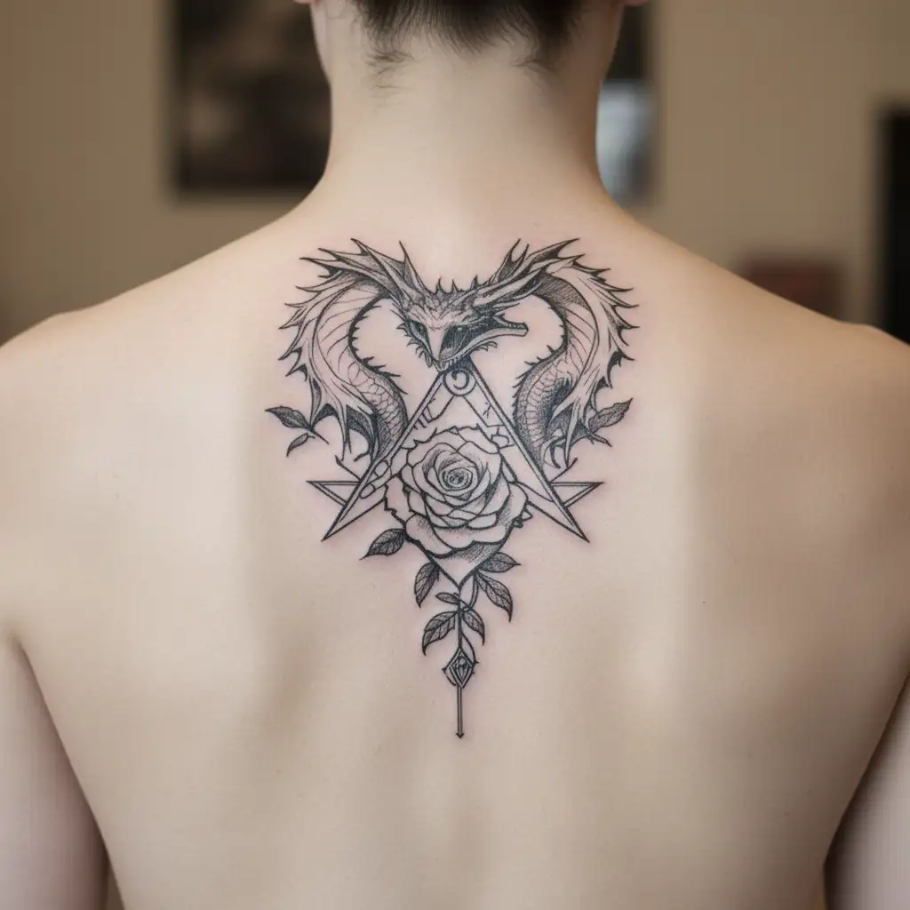 a dragon and a rose tnto a heart surrounding the freemason symbole tattoo design idea