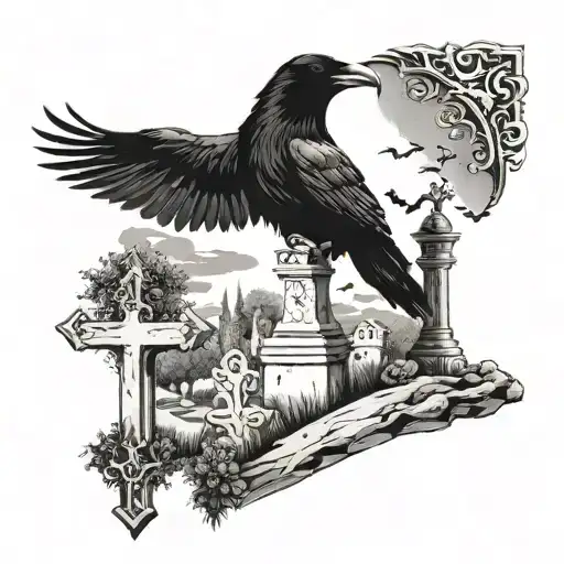 cemetery in the middle there is a cross on it a raven with outstretched wings tattoo design idea