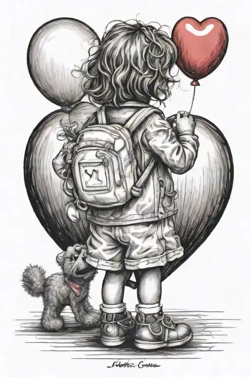little girl outline from behind holding elmo and a heart balloon tattoo design idea