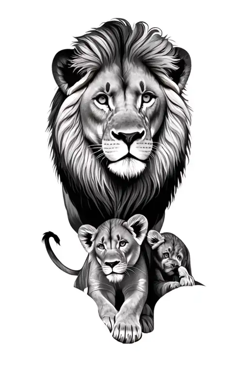 lion with 2 cubs in their natural habitat  tattoo design idea