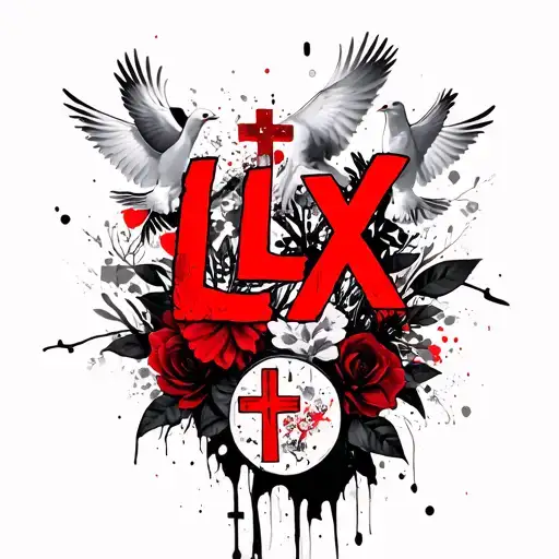 a big neck tattoo that says “LLX” in bold letters written in red ink with doves, a cross, and flowers in the back tattoo design idea