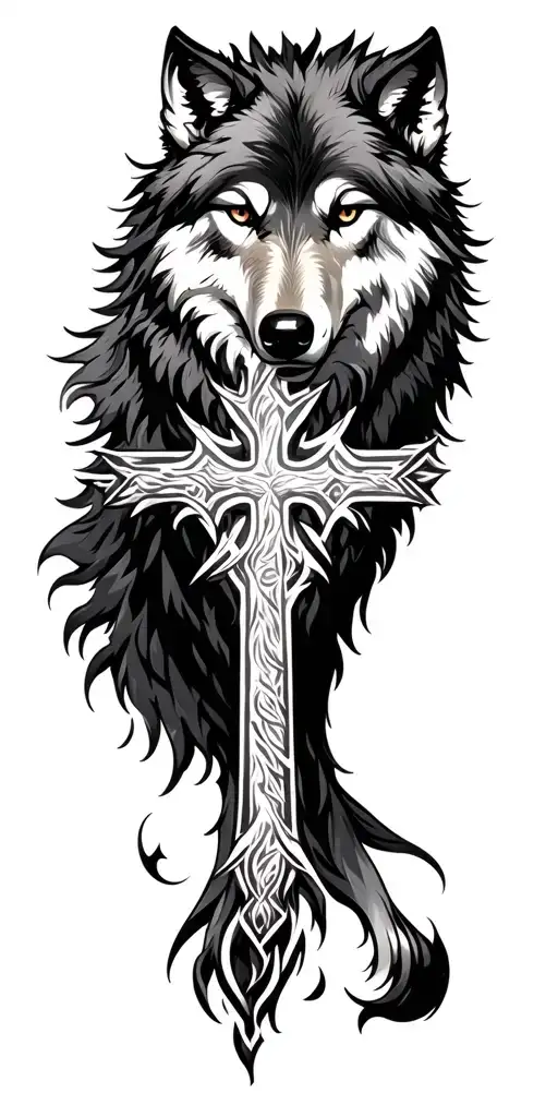 Wolf with cross intertwined tattoo design idea