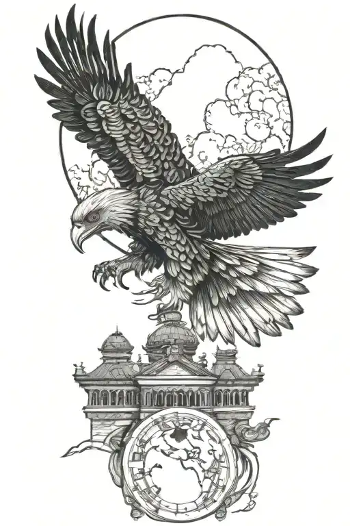 A detailed full moon in the right corner and a harpia eagle soaring over a viewpoint. Below, a minimalistic Mato Grosso  tattoo design idea