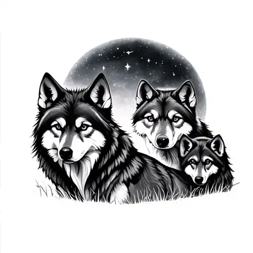 moon stars male wolf female wolf two cubs forest tattoo design idea