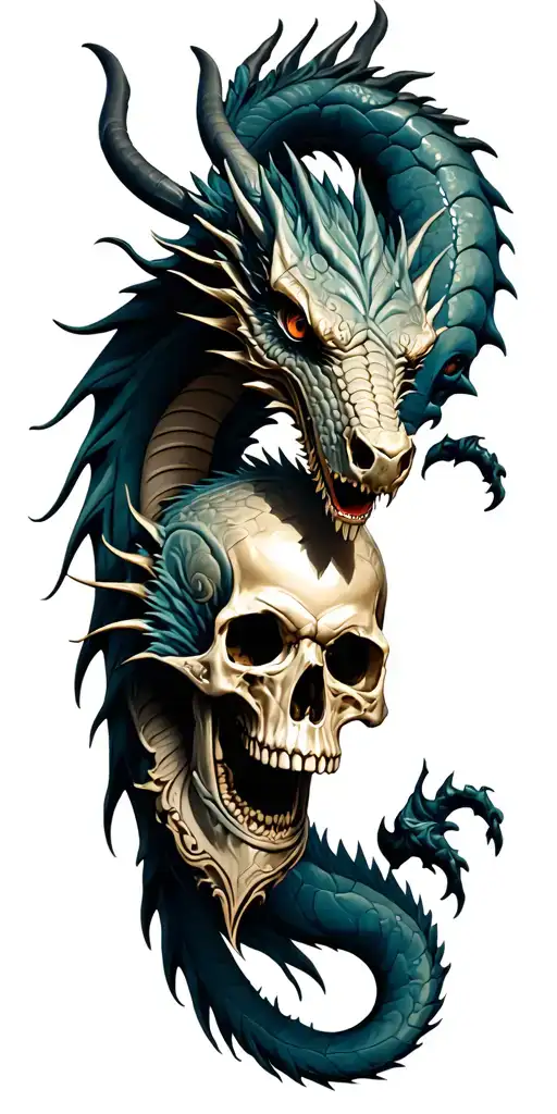 western dragon holding skull with baroque carvings tattoo design idea