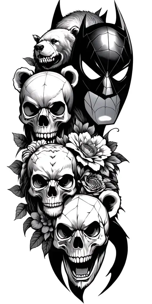 skulls with bears and lions with Spider-Man and batman and flowers tattoo design idea