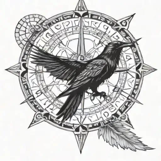 Viking compass with raven perched tattoo design idea