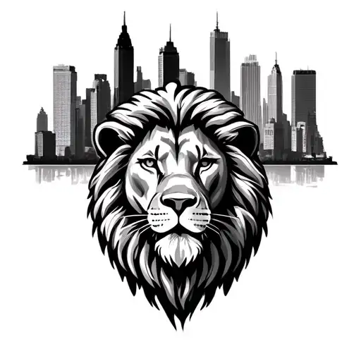 lion head with nyc skyline tattoo design idea