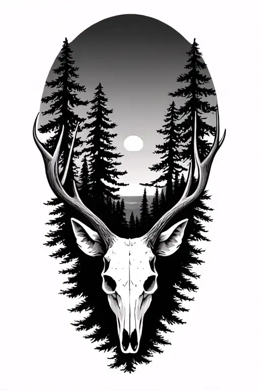 elk skull, pine trees, sunset tattoo design idea