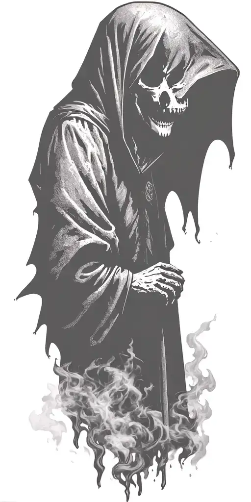 hooded reaper silohuette, smoke, fire, scary, bat wings tattoo design idea