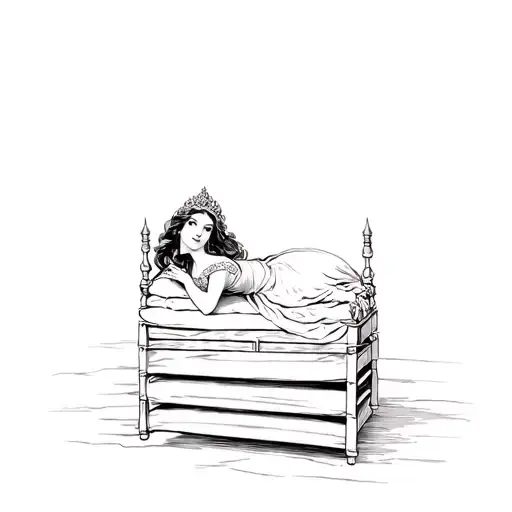 Tattoo-style black and white line art of the Princess and the Pea. A fragile princess lying atop thin, stacked mattresse tattoo design idea