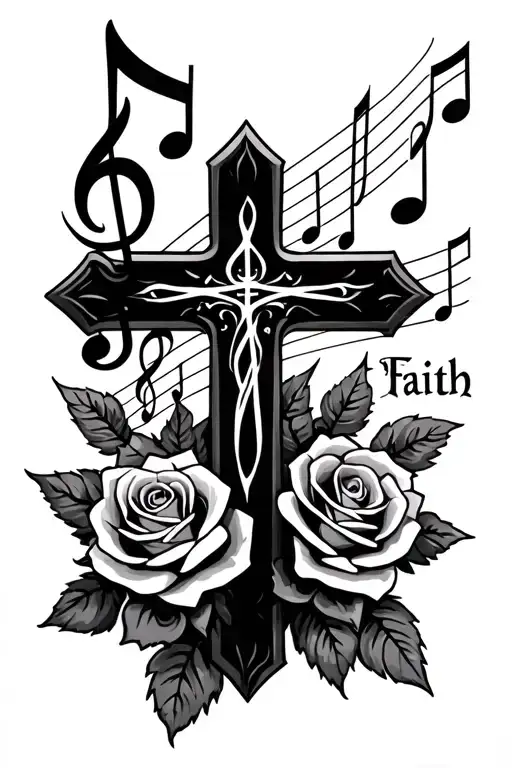 I it to have music notes and a christian cross with roses. I want it to include the word “Faith” tattoo design idea