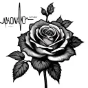 A rose plant,with a stem designed like a heartbeat wave,written the name AKONAHO,the name should be parallel to the stem tattoo design idea