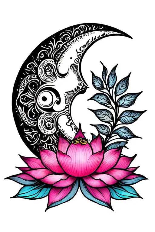unalome symbol with lotus, sun moon tattoo design idea