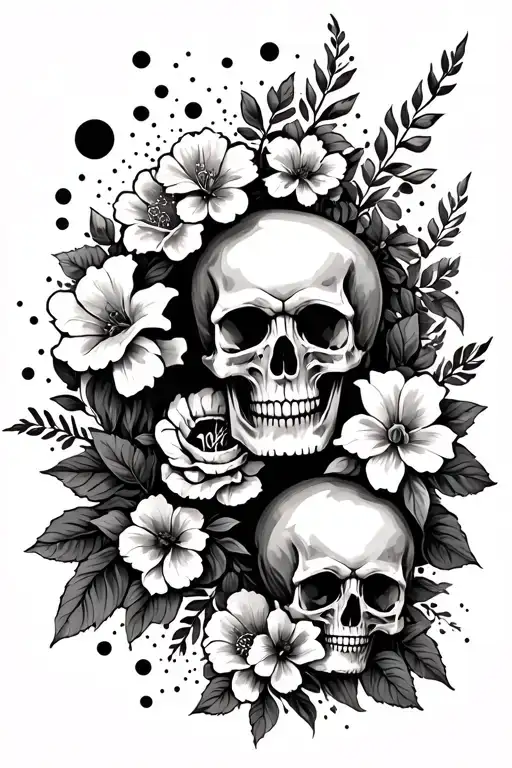 long and thin filler design for shin. gap surrounded by skulls, flowers and dot work.  tattoo design idea