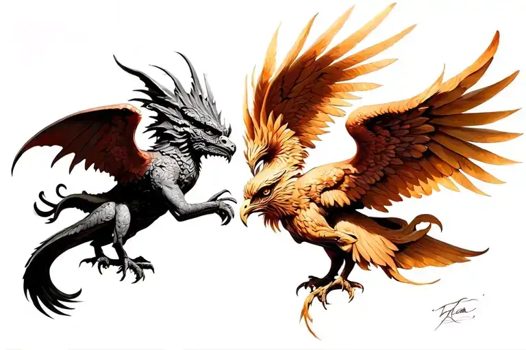 chest with a medieval gargoyle and a fenix. facing and reaching for eachother. symmetry in the wings tails face, black tattoo design idea