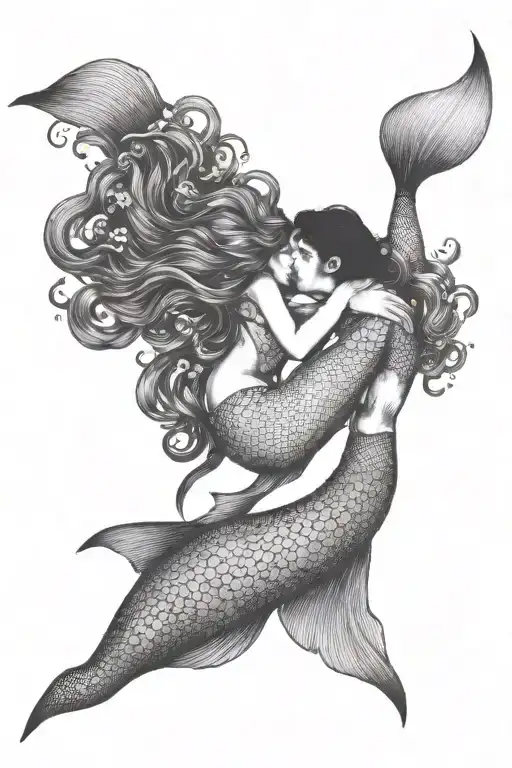 old fashioned scuba diver, kissing mermaid swimming full legs and tail  tattoo design idea