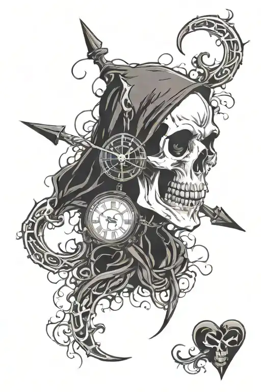 Reaper skull heart clock tattoo design idea