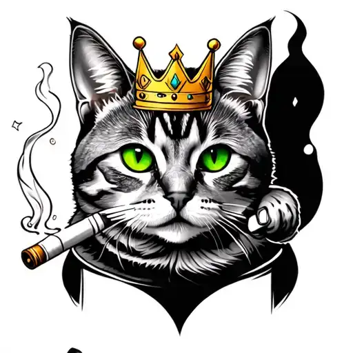 1 tabby cat with green eyes wearing a crown and holding smoking a joint tattoo design idea