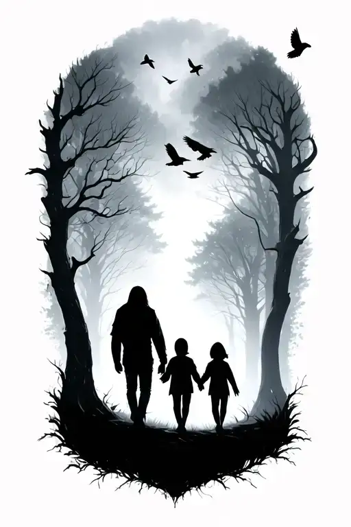 siluette, father, daughter, son walking away. surounded by fog, trees, small ravens above. faded skull tattoo design idea